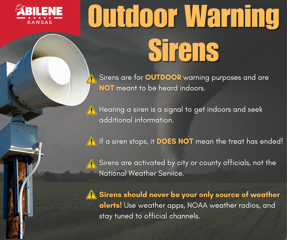 Graphic titled 'Outdoor Warning Sirens' with a large weather siren on the left and a tornado i