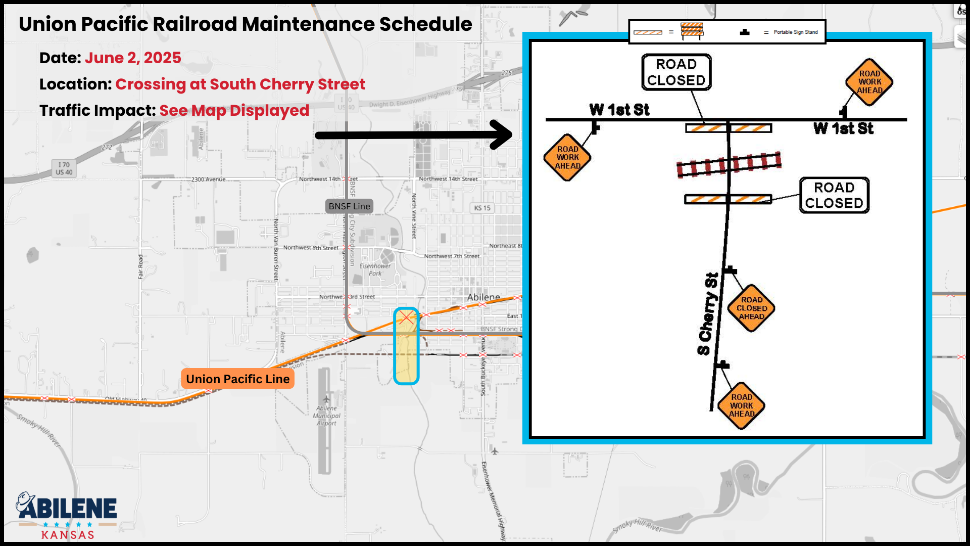 Map showing the Union Pacific Railroad crossing closure at South Cherry Street in Abilene, Kansas, e