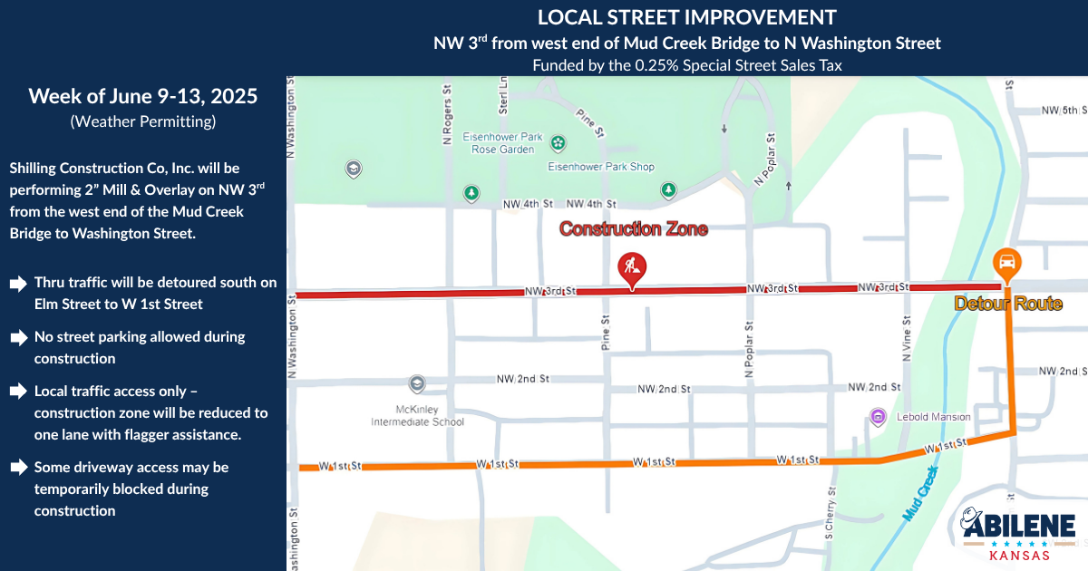 Graphic showing NW 3rd Street construction from June 9–13, 2025, weather permitting. 