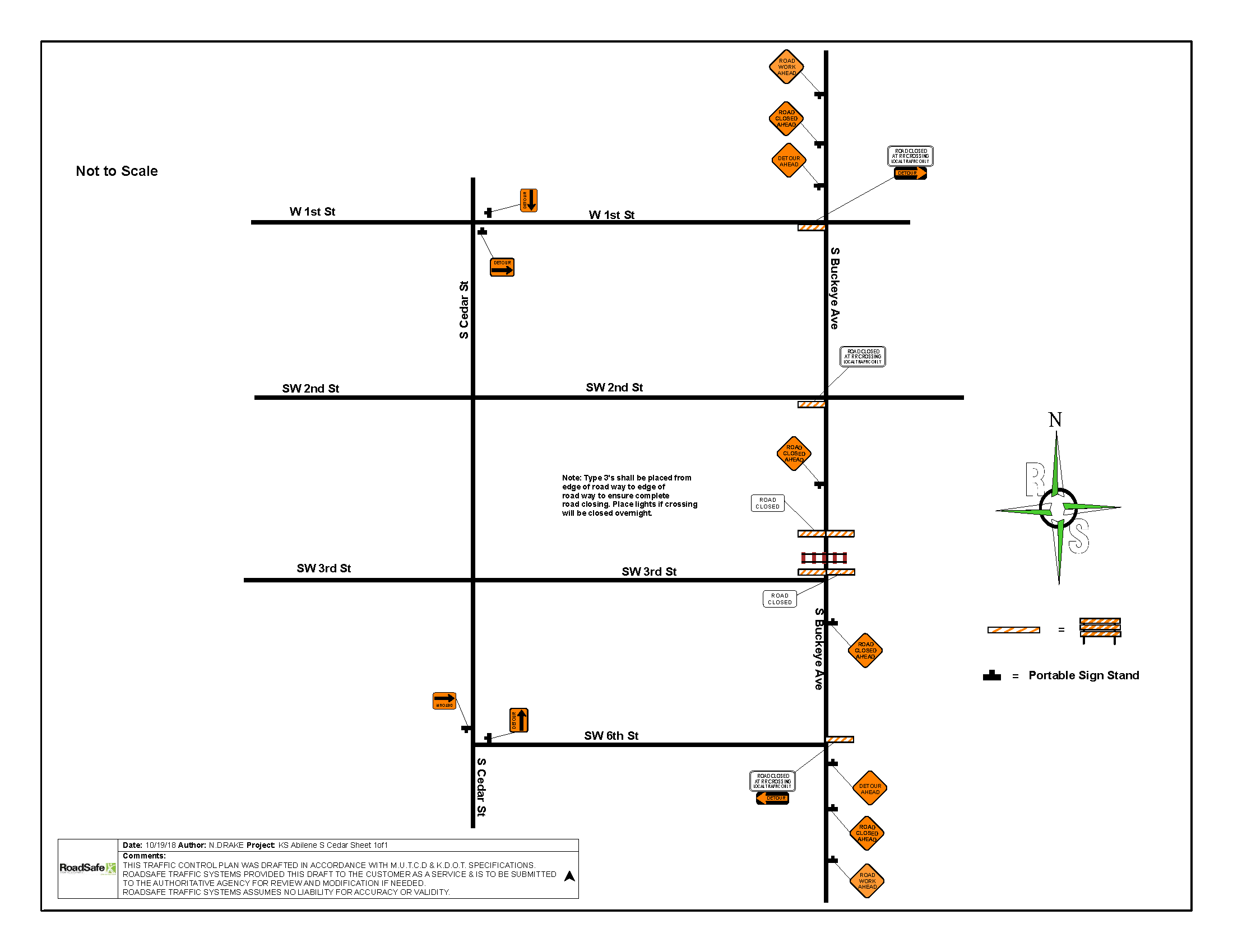 Detour map showing temporary closure of S Buckeye Ave (K-15) at the BNSF railroad crossing.