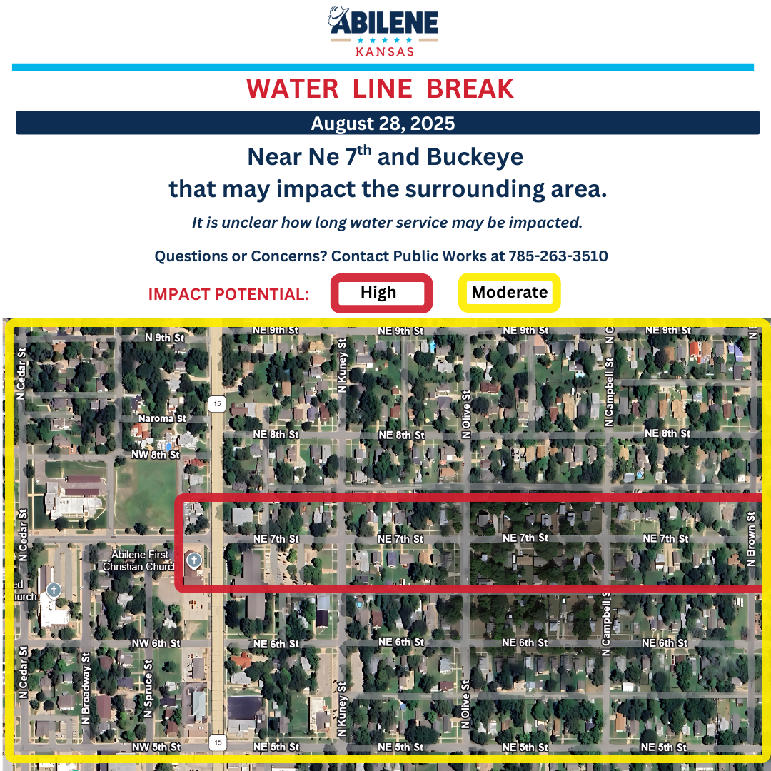 Water line break near NE 7th & Buckeye, Aug. 28, 2025. Impact area shown on map