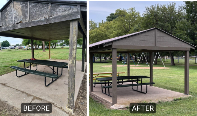 Side-by-side photos showing a picnic shelter before and after repairs.