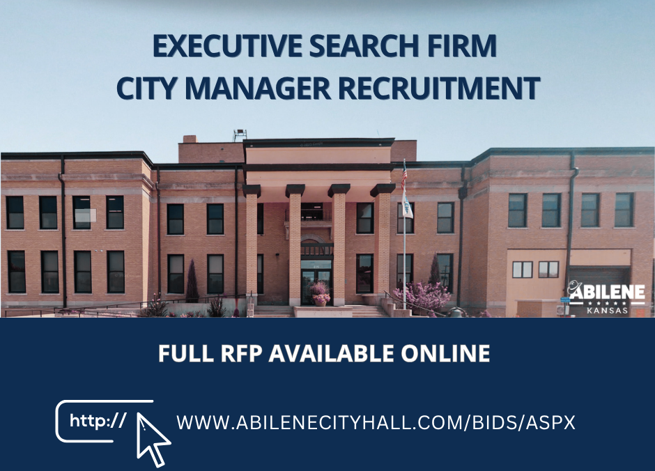 Graphic announcing City Manager recruitment RFP with photo of Abilene City Hall.