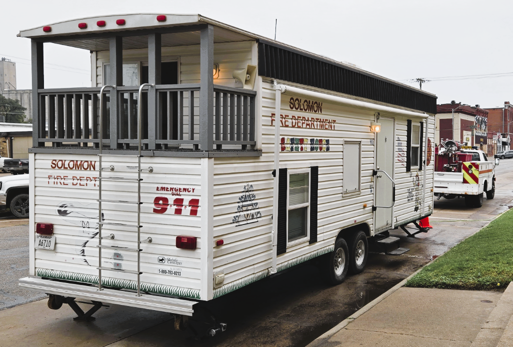 Solomon Fire Department safety trailer parked downtown for public education event.