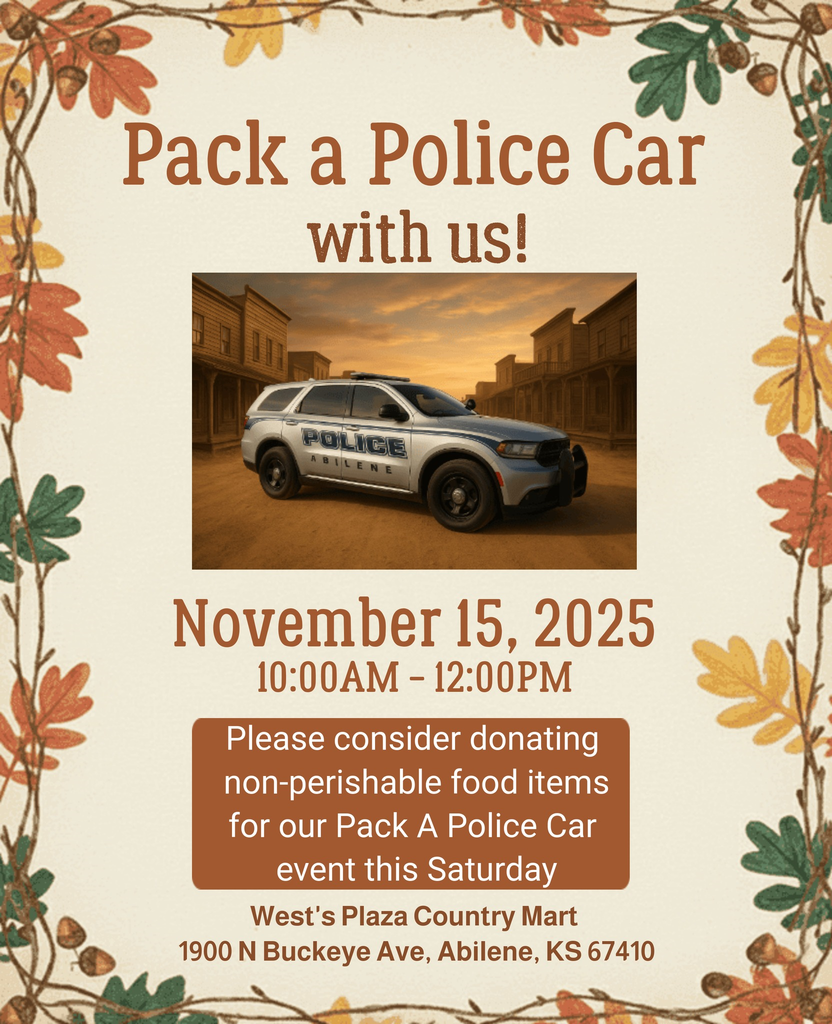 Pack a Police Car food drive flyer on November 15, 2025, featuring a Police SUV and event details