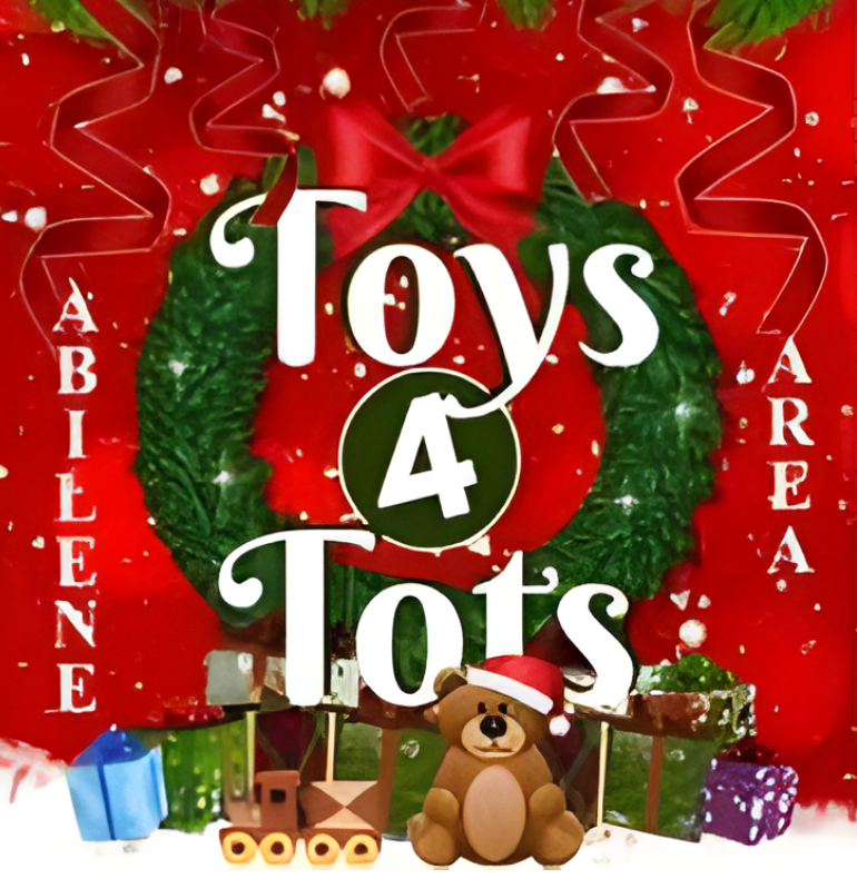 Holiday-themed Toys for Tots graphic with a wreath, teddy bear, toys, and the text “Abilene Area Toy