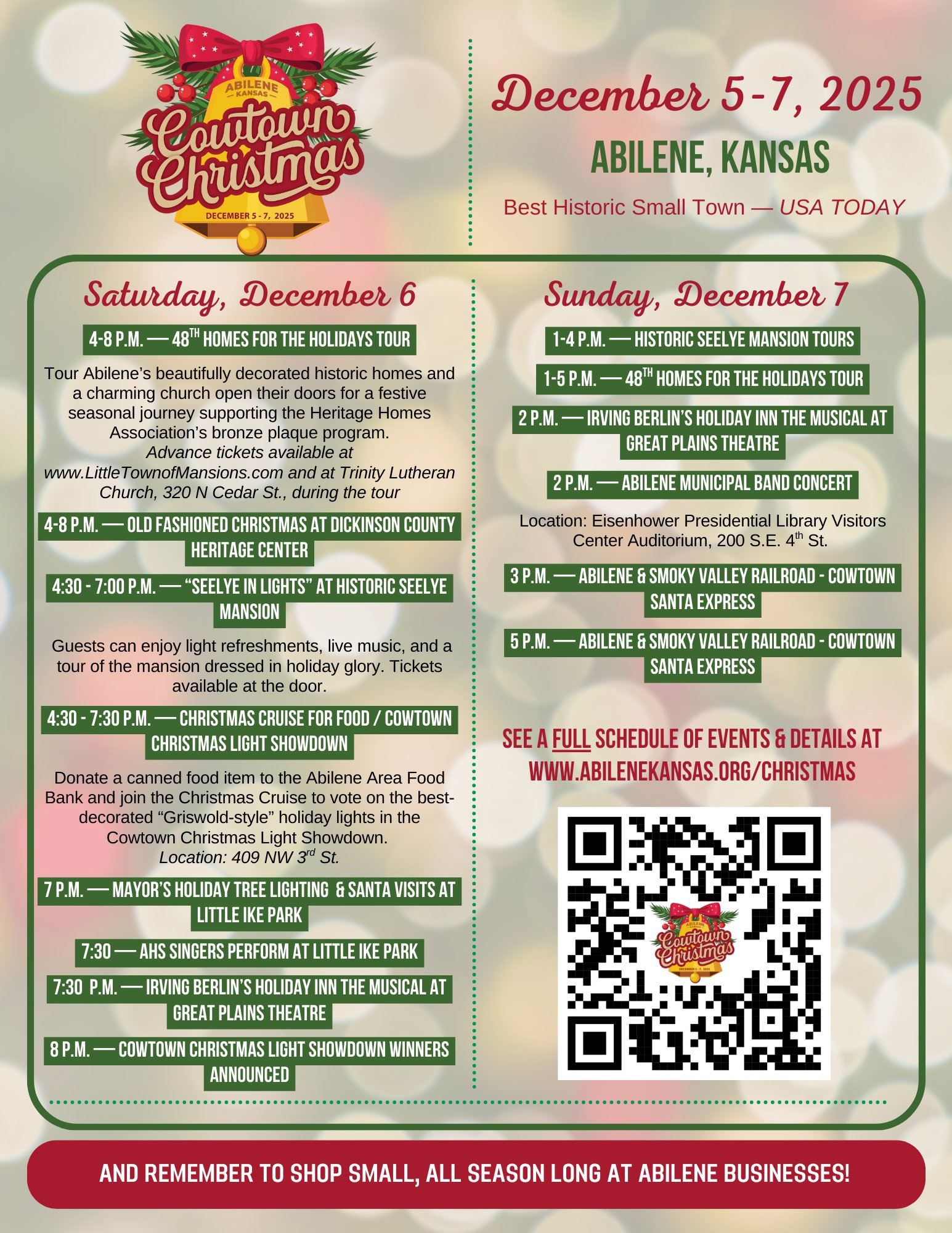 Cowtown Christmas event flyer for December 5–7. Full schedule is available in text and online.