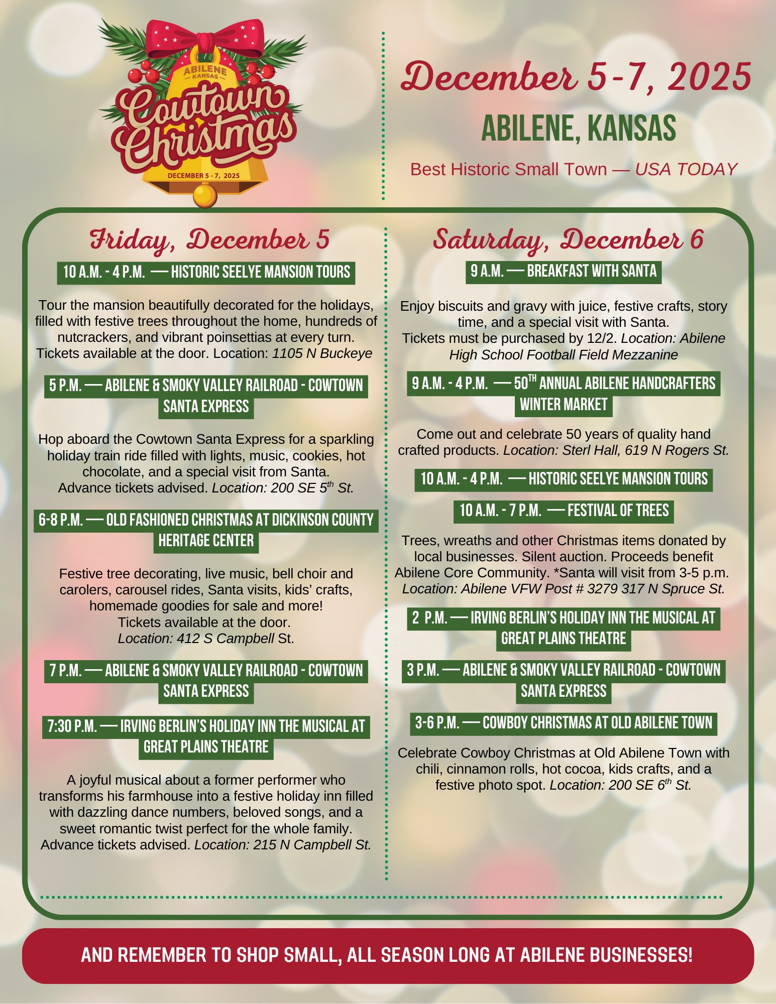 Cowtown Christmas event flyer for December 5–7. Full schedule is available in text and online.”
