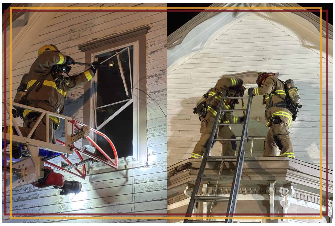 Firefighters practice VEIS training at night, breaking and entering windows on a structure.