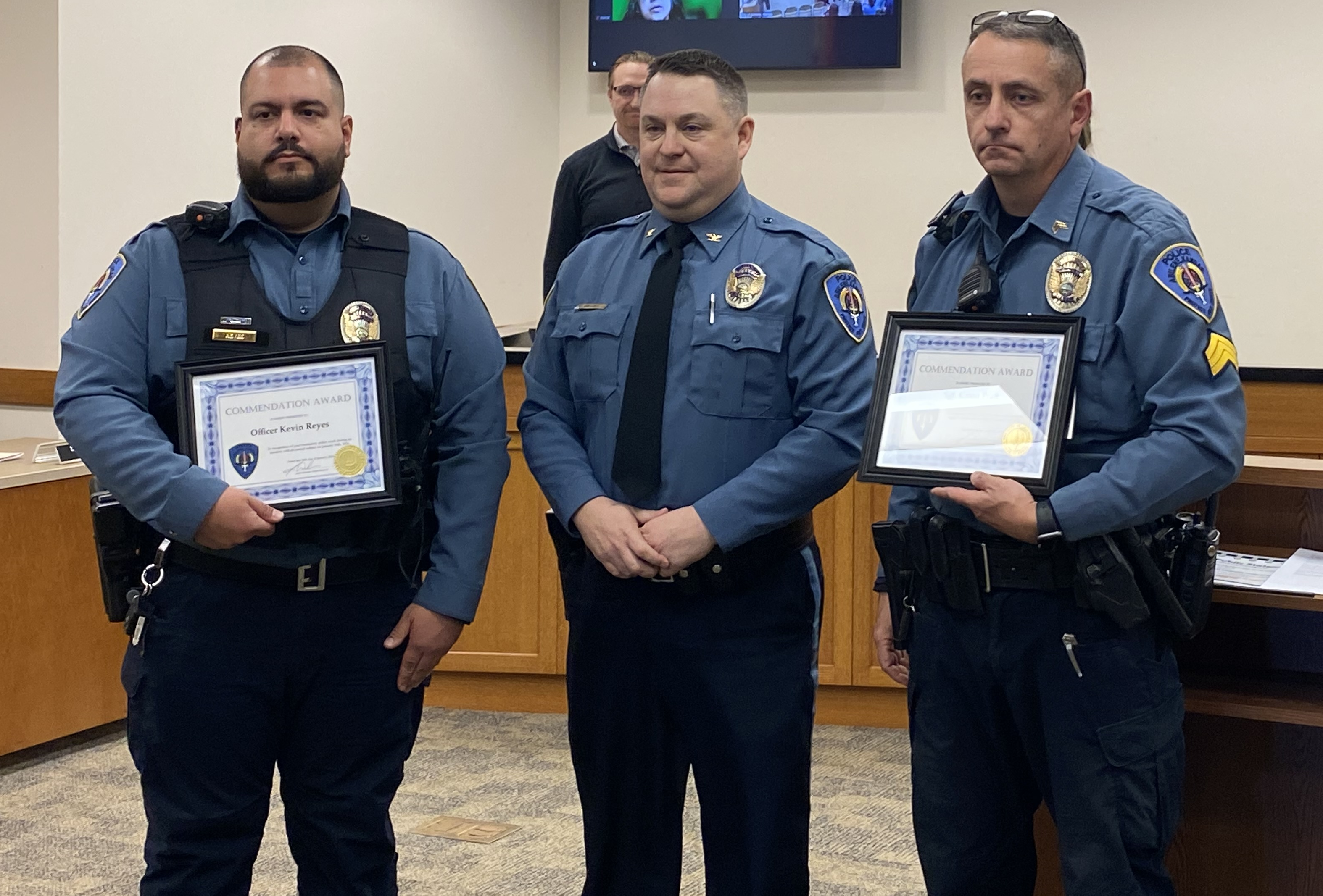 Pictured: (left to right) Office Reyes, Chief Wilkins, Sergeant Pratt