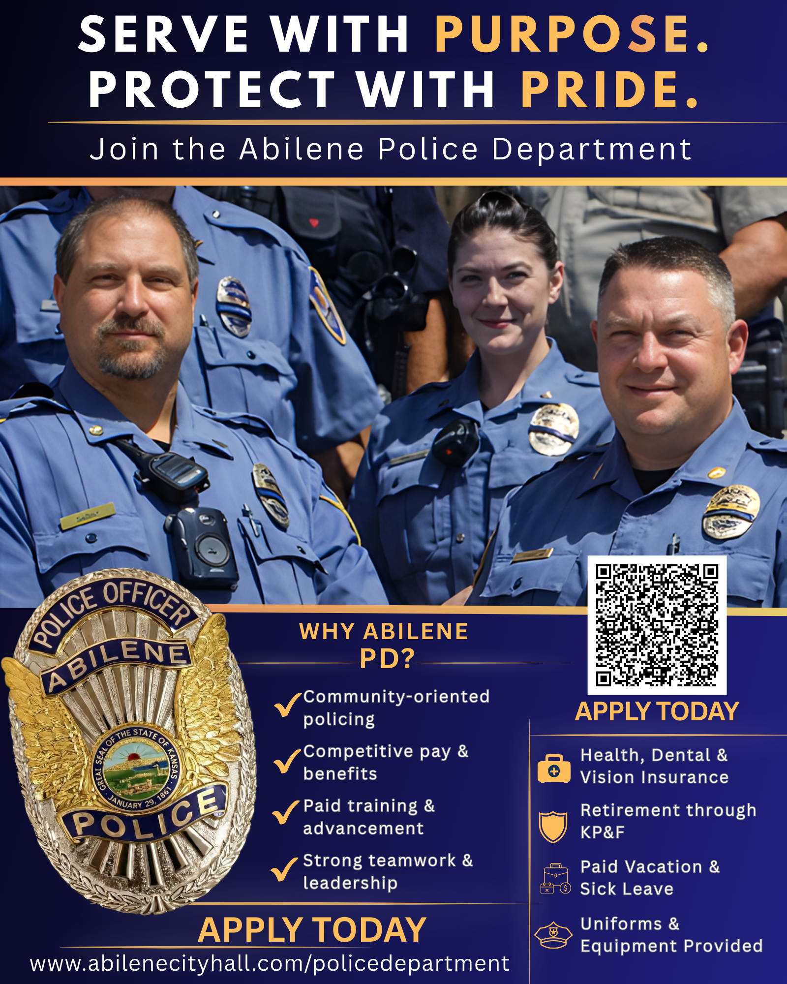 Recruitment flyer for Abilene Police Department featuring three uniformed officers, department badge