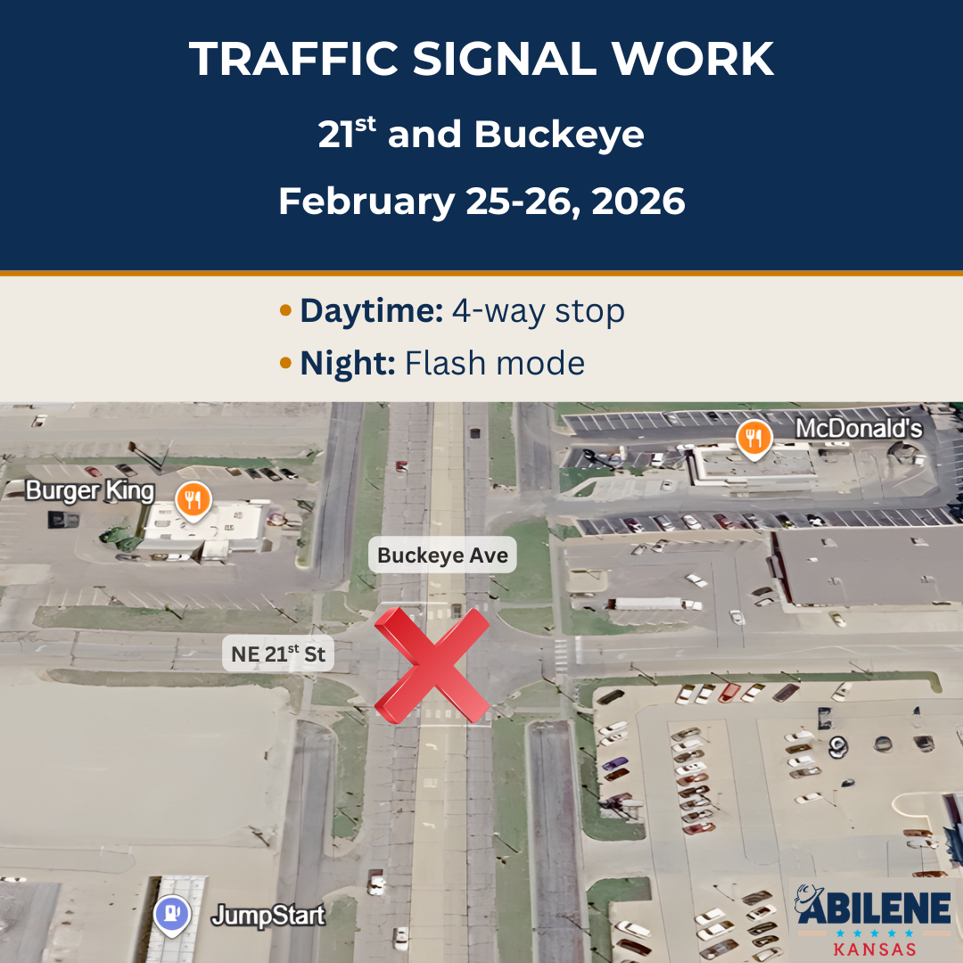 Traffic signal work at 21st and Buckeye, Feb. 25–26. Day: 4-way stop. Night: flash mode.