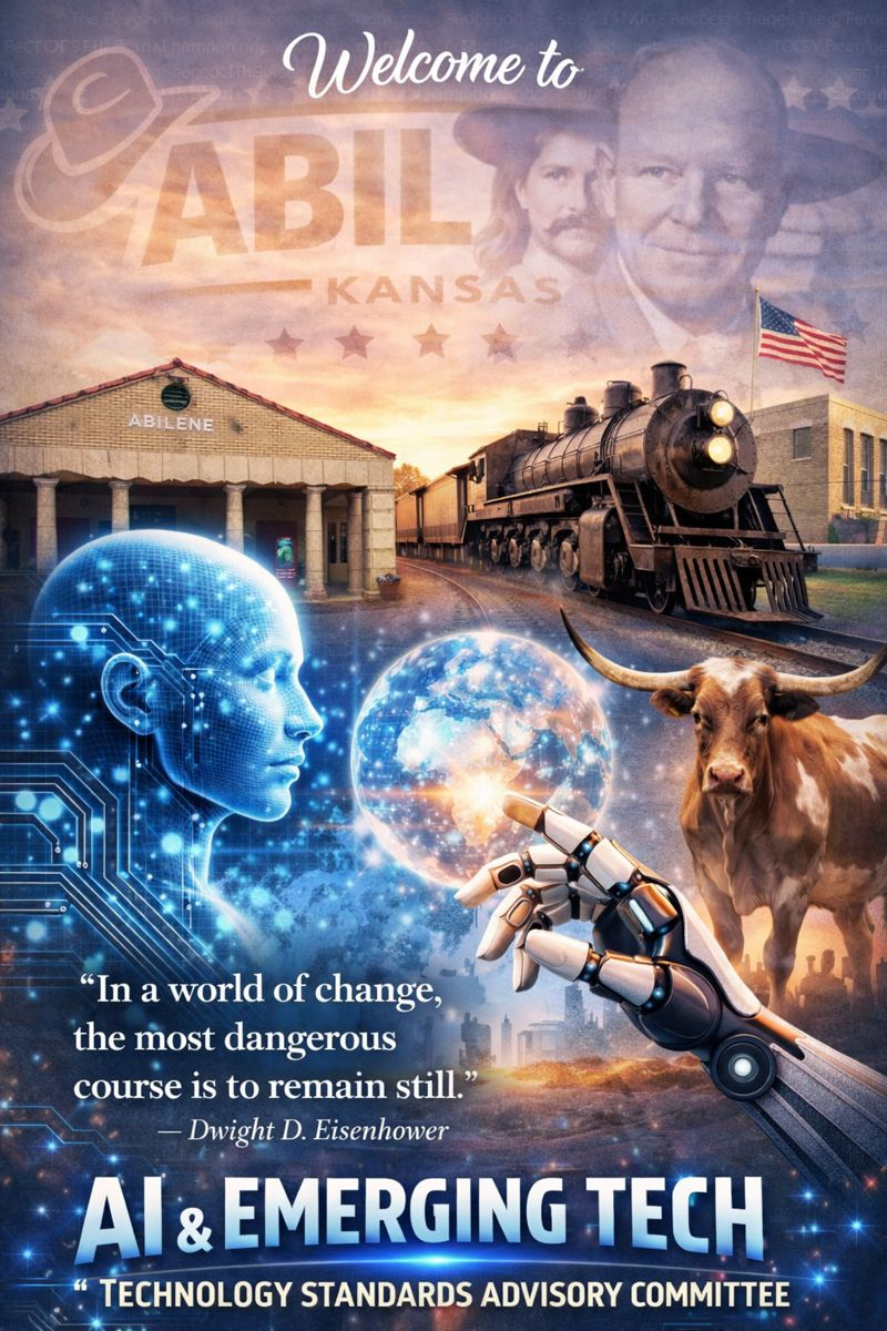 Promotional graphic for AI and Emerging Tech with Abilene imagery and Technology Standards Advisory Committee title.