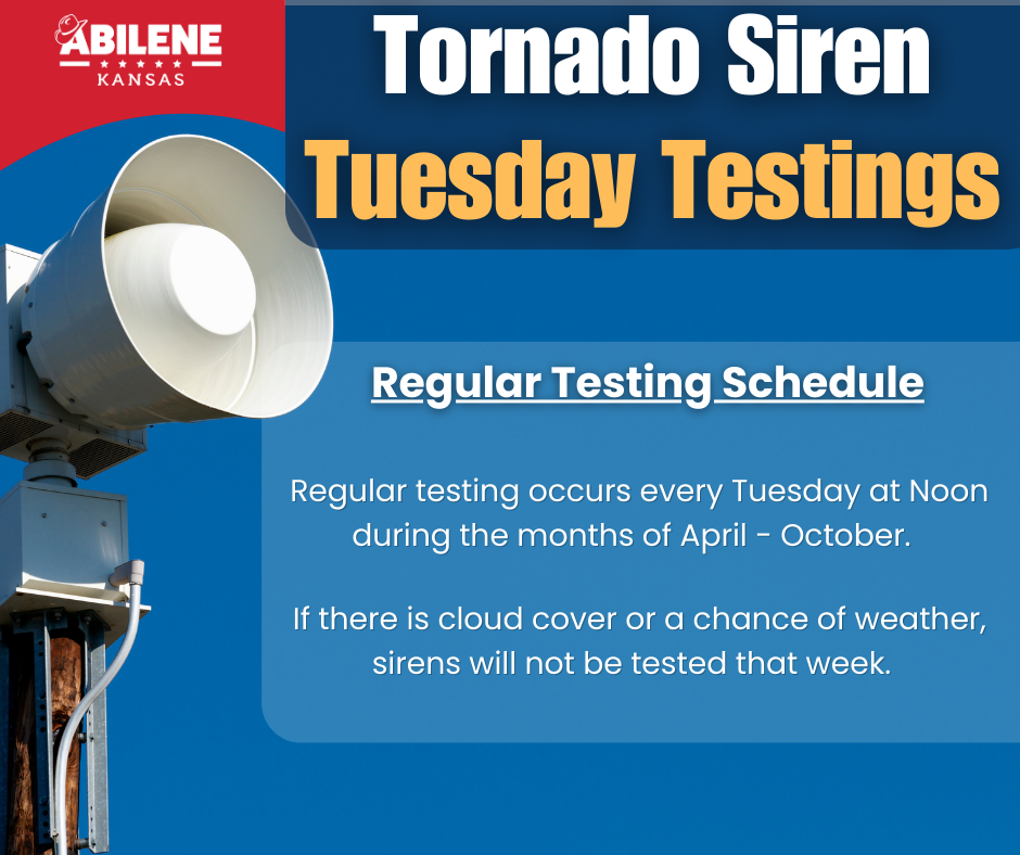 Tornado siren graphic announcing weekly Tuesday siren testing from April through October.